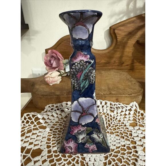 V TG Chinoiserie Floral Hand-painted Candlestick Holder 8.5” Vibrant Colors - Picture 3 of 7